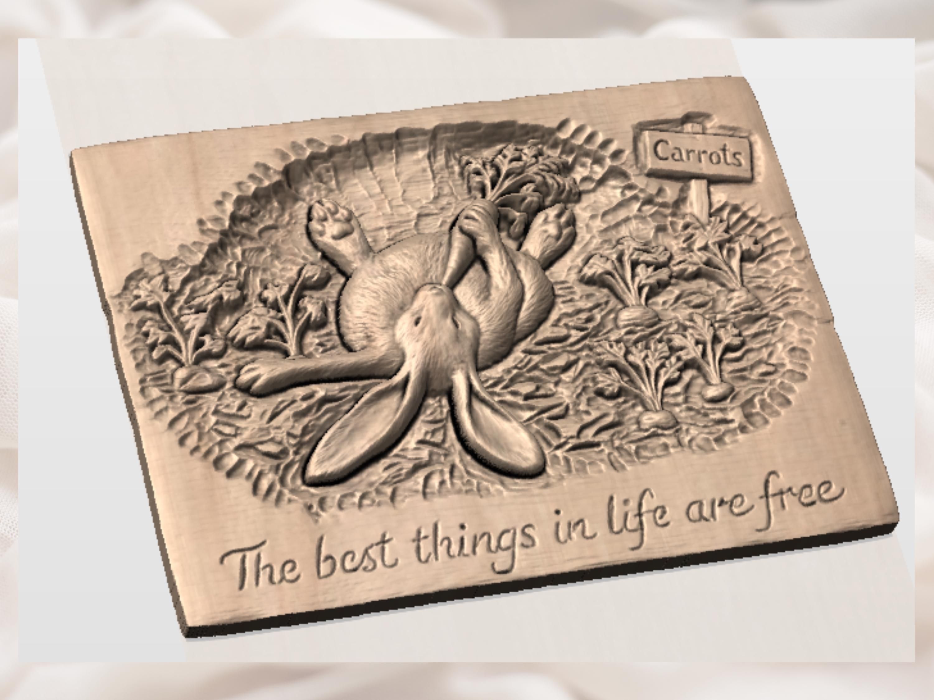 Relaxed Bunny Hugging a Carrot Bas-Relief STL Wall Panel bas-relief STL — view 2