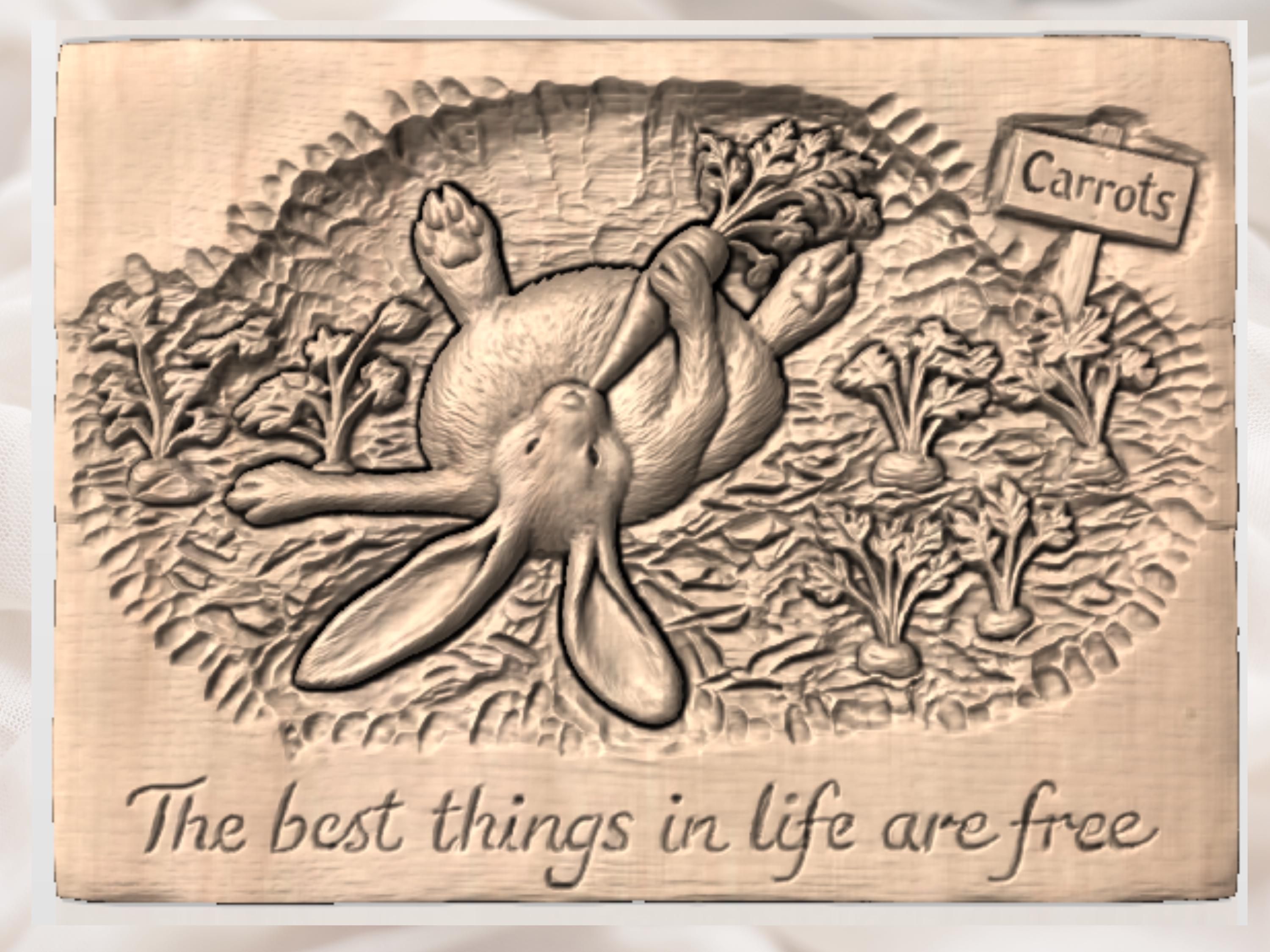 Relaxed Bunny Hugging a Carrot Bas-Relief STL Wall Panel bas-relief STL — view 3