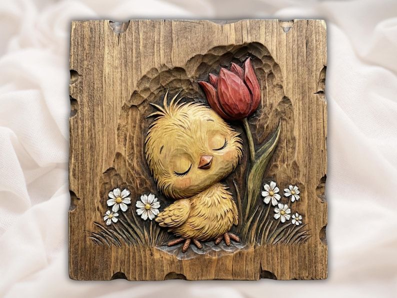 Bas-relief wood carving of a sleepy baby chick holding a red tulip with daisies and grass