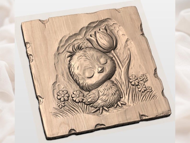 Sleepy Baby Chick with Tulip Bas-Relief STL Carving File bas-relief STL — view 2