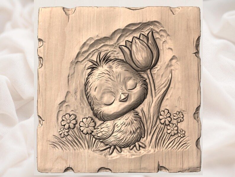 Sleepy Baby Chick with Tulip Bas-Relief STL Carving File bas-relief STL — view 3
