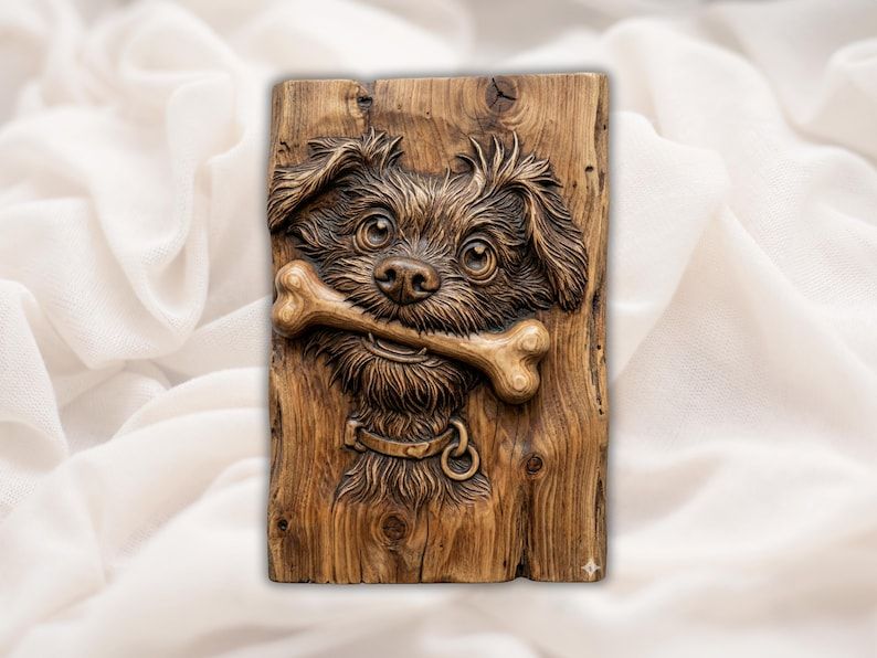 Carved wood bas-relief of a scruffy puppy holding a bone in its mouth with a collar below