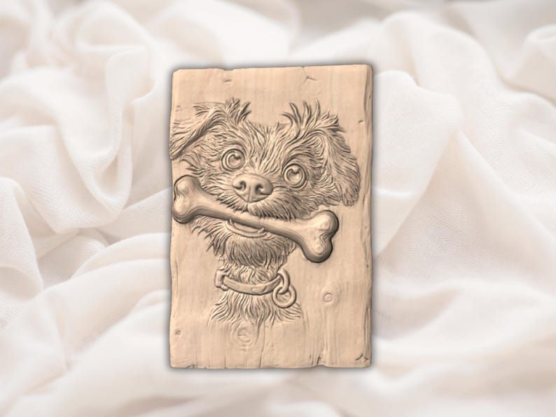 Scruffy Puppy Holding a Bone 3D Relief STL for CNC Carving bas-relief STL — view 2