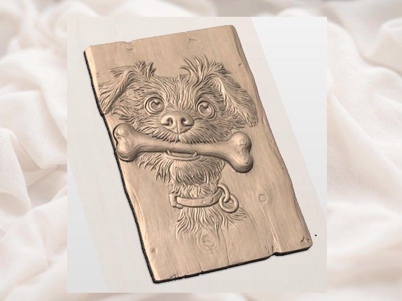 Scruffy Puppy Holding a Bone 3D Relief STL for CNC Carving bas-relief STL — view 3