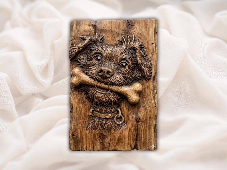 Scruffy Puppy Holding a Bone 3D Relief STL for CNC Carving bas-relief STL design