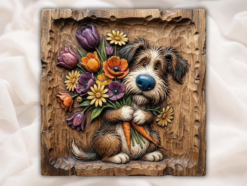 Bas-relief carving of a scruffy dog holding a bouquet of tulips, daisies, and carrots in a rustic wood frame.