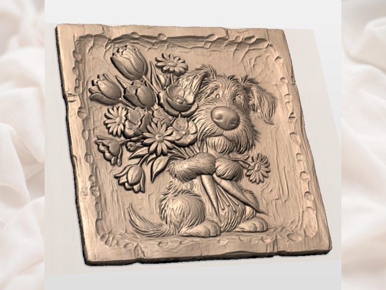 Scruffy Puppy Holding a Spring Bouquet Bas-Relief STL bas-relief STL — view 2