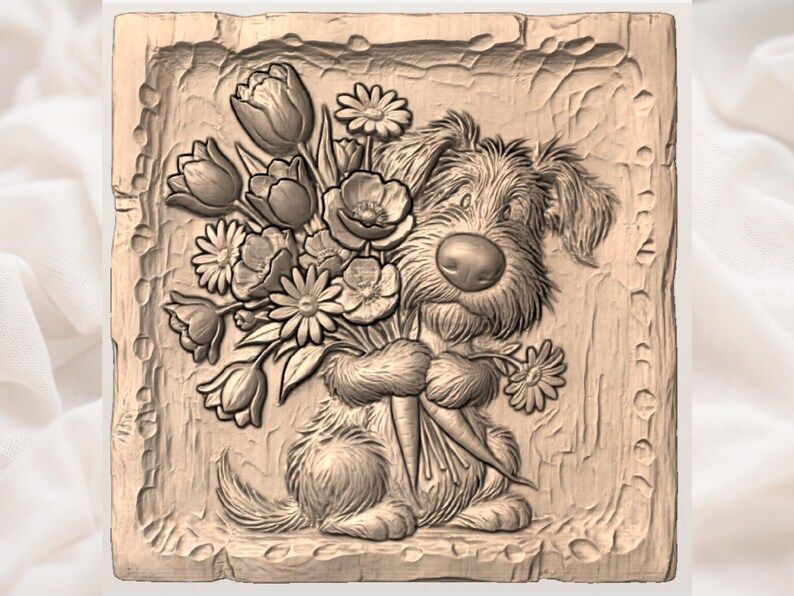 Scruffy Puppy Holding a Spring Bouquet Bas-Relief STL bas-relief STL — view 3