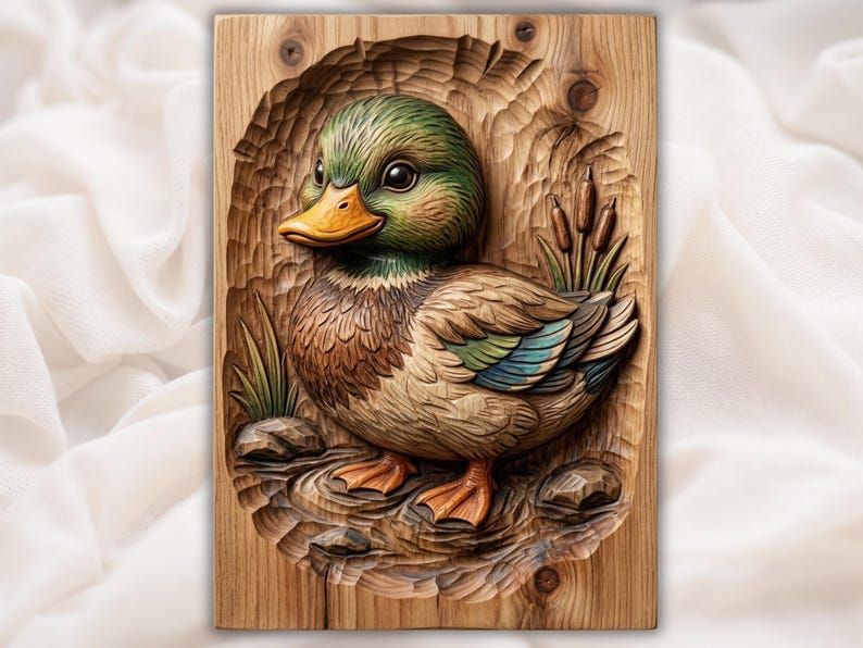 Carved wood relief of a mallard duckling with green head sitting among reeds and pond stones