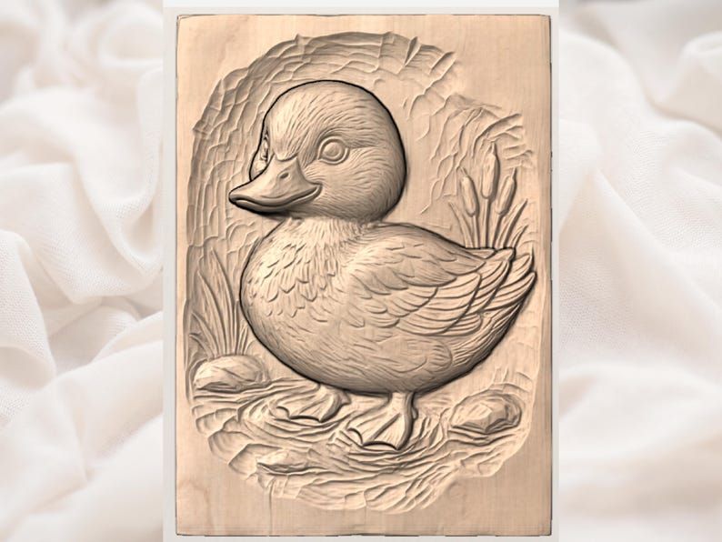 Mallard Duckling Bas-Relief STL with Reeds and Pond Stones bas-relief STL — view 3