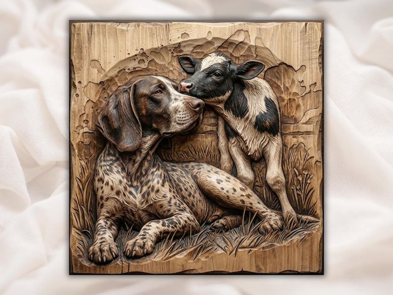 Bas-relief wood carving of a spotted hunting dog lying in grass beside a black and white calf nuzzling it
