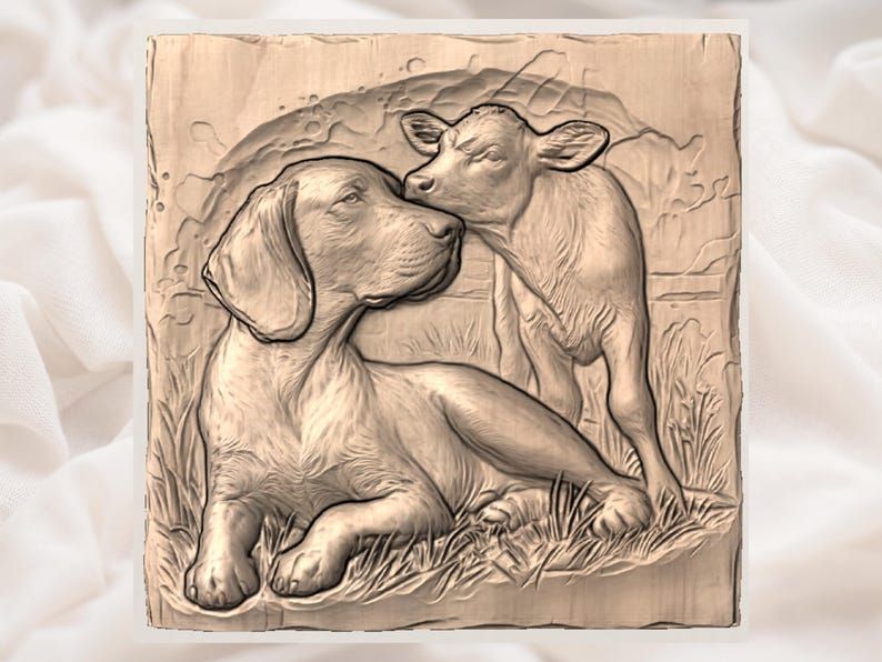 Farm Dog and Curious Calf Bas-Relief STL Carving bas-relief STL — view 2