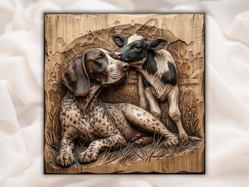 Farm Dog and Curious Calf Bas-Relief STL Carving bas-relief STL design