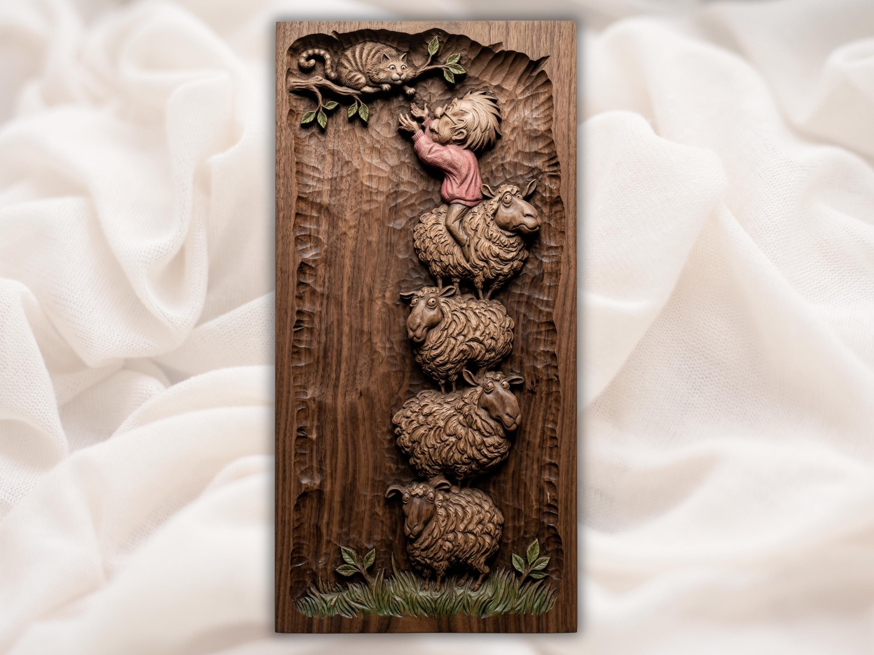 Carved bas-relief of a child climbing a stack of woolly sheep reaching toward a cat on a tree branch