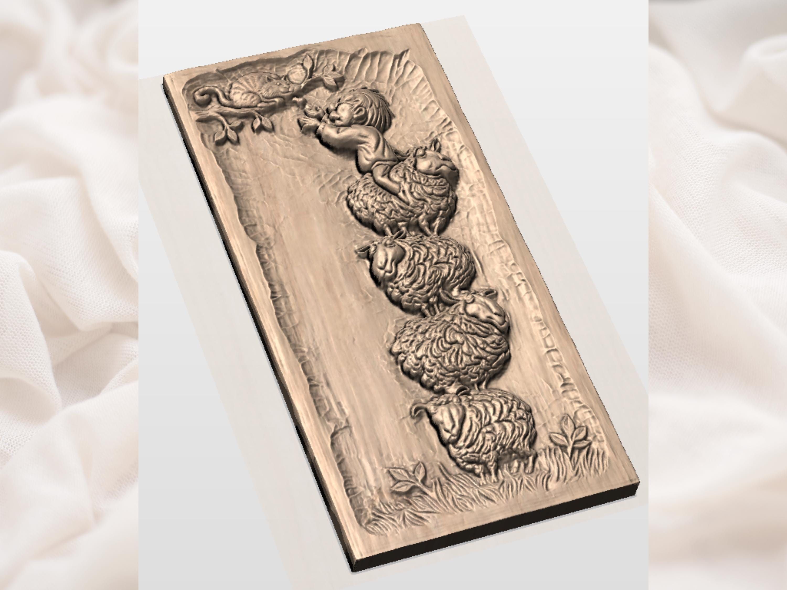 Child Climbing a Tower of Sheep with Curious Cat Bas-Relief bas-relief STL — view 2