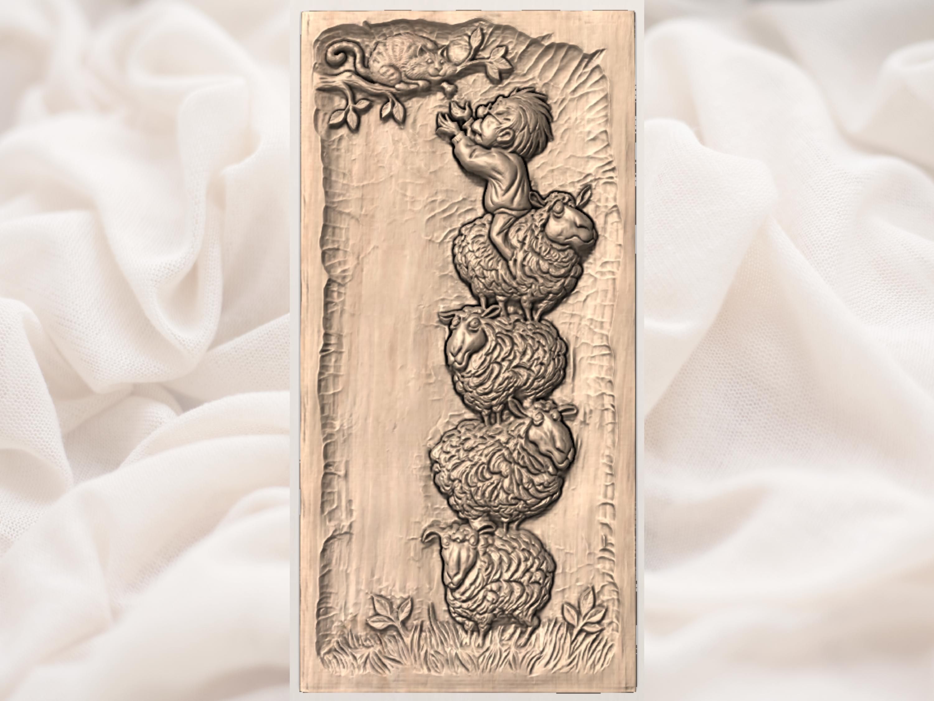 Child Climbing a Tower of Sheep with Curious Cat Bas-Relief bas-relief STL — view 3
