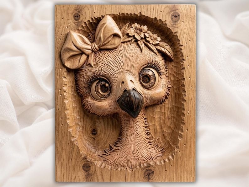 Carved baby owl face with big eyes, a bow on one side, and a small flower crown in wood relief.