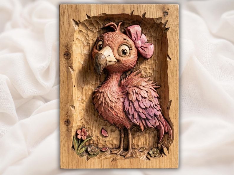 Carved bas-relief of a pink baby flamingo chick with a bow, framed in wood with a flower at its feet