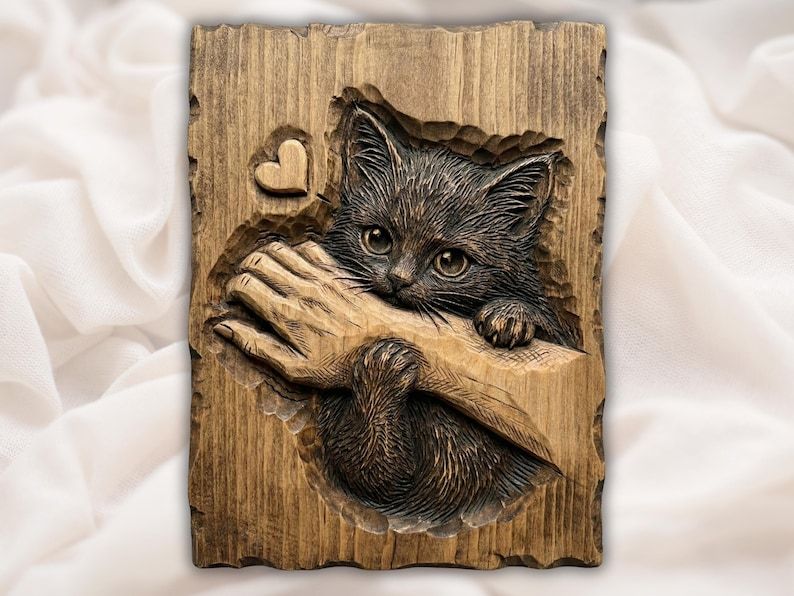 Carved wood relief of a kitten hugging a person's arm with a small heart beside it
