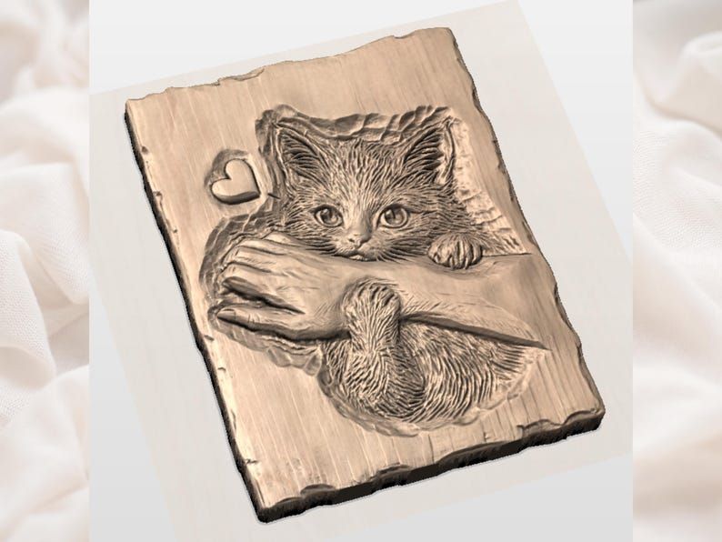 Kitten Hugging an Arm 3D STL Relief with Little Heart bas-relief STL — view 2