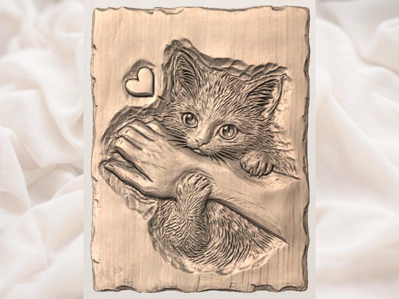 Kitten Hugging an Arm 3D STL Relief with Little Heart bas-relief STL — view 3