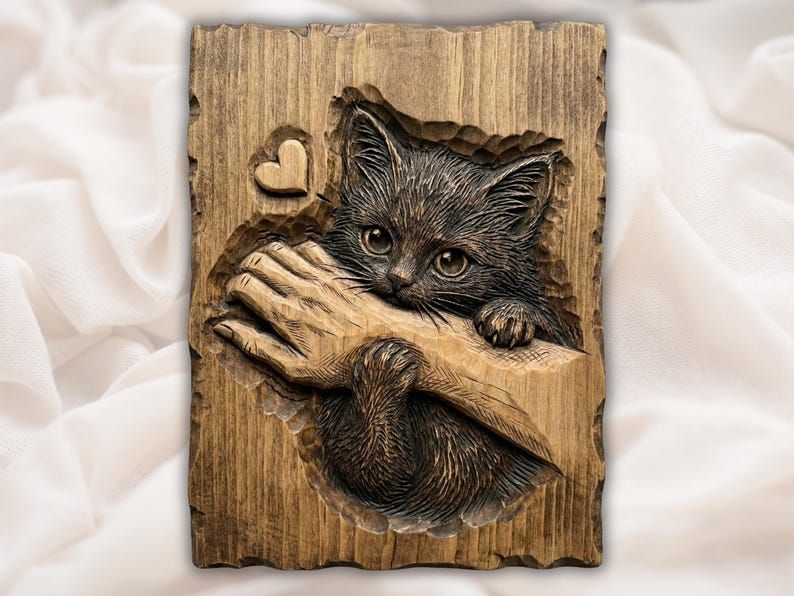 Kitten Hugging an Arm 3D STL Relief with Little Heart bas-relief STL design