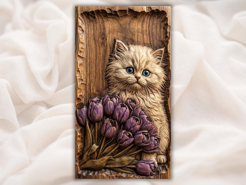 Bas-relief wood carving of a fluffy kitten holding a bouquet of purple tulips in a framed panel