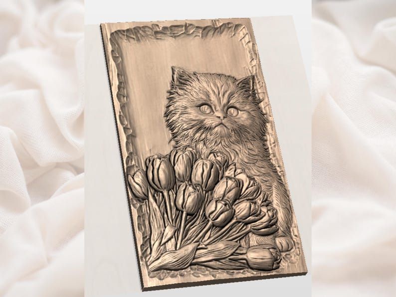 Fluffy Kitten with Purple Tulip Bouquet Bas-Relief STL bas-relief STL — view 2