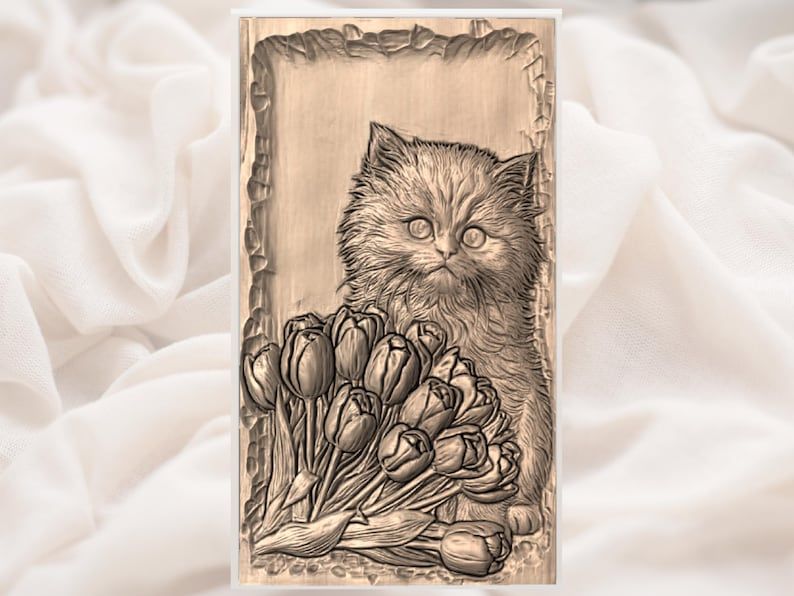 Fluffy Kitten with Purple Tulip Bouquet Bas-Relief STL bas-relief STL — view 3