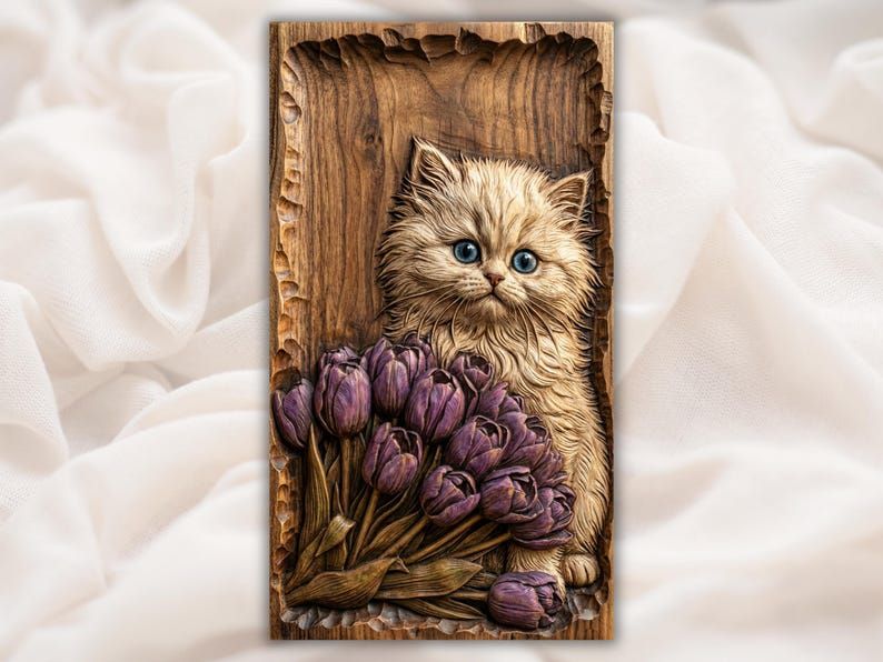Fluffy Kitten with Purple Tulip Bouquet Bas-Relief STL bas-relief STL design