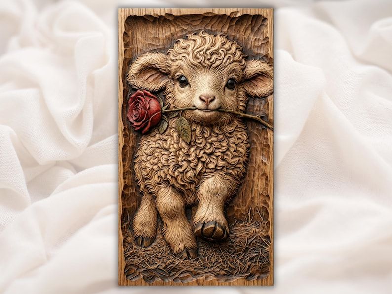 Carved wood bas-relief of a curly baby lamb holding a red rose in its mouth on a panel