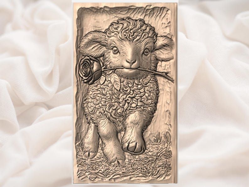 Baby Lamb Holding a Red Rose Bas-Relief STL Carving Model bas-relief STL — view 2