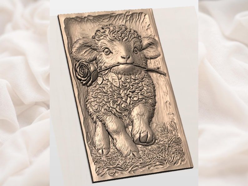 Baby Lamb Holding a Red Rose Bas-Relief STL Carving Model bas-relief STL — view 3
