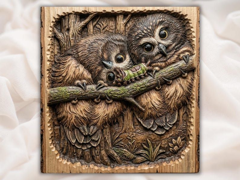 Carved wood relief of two fluffy owls cuddled on a mossy branch with a small green caterpillar