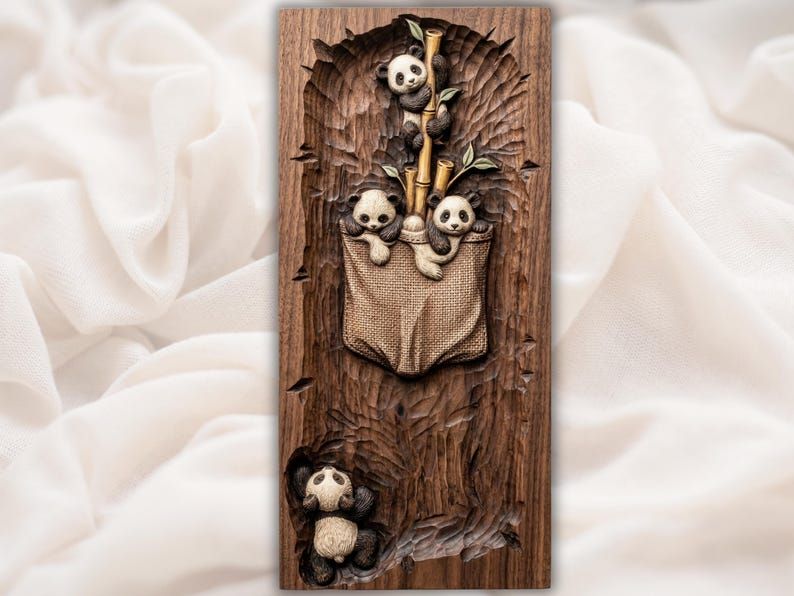 Bas-relief wood carving of four panda cubs around bamboo tucked in a burlap pocket panel