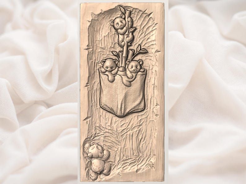 Panda Family in a Bamboo Pocket 3D Relief STL Carving bas-relief STL — view 2