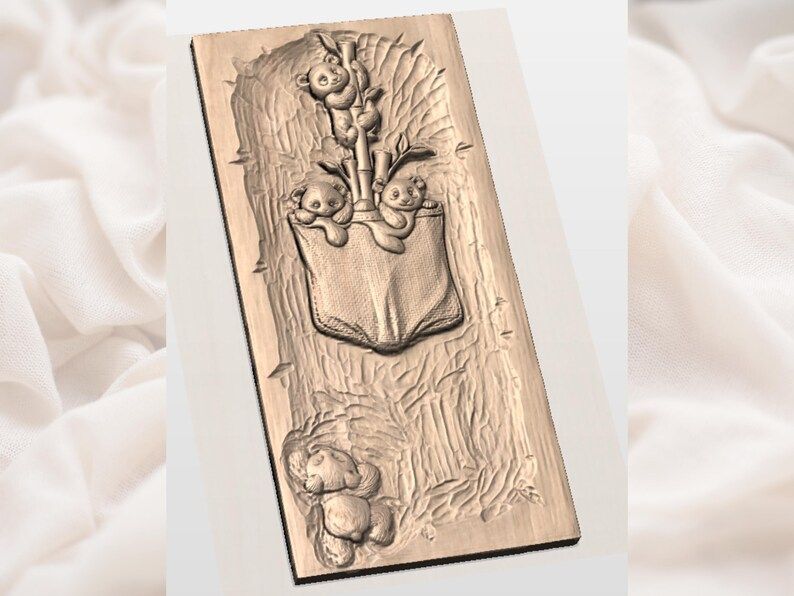 Panda Family in a Bamboo Pocket 3D Relief STL Carving bas-relief STL — view 3
