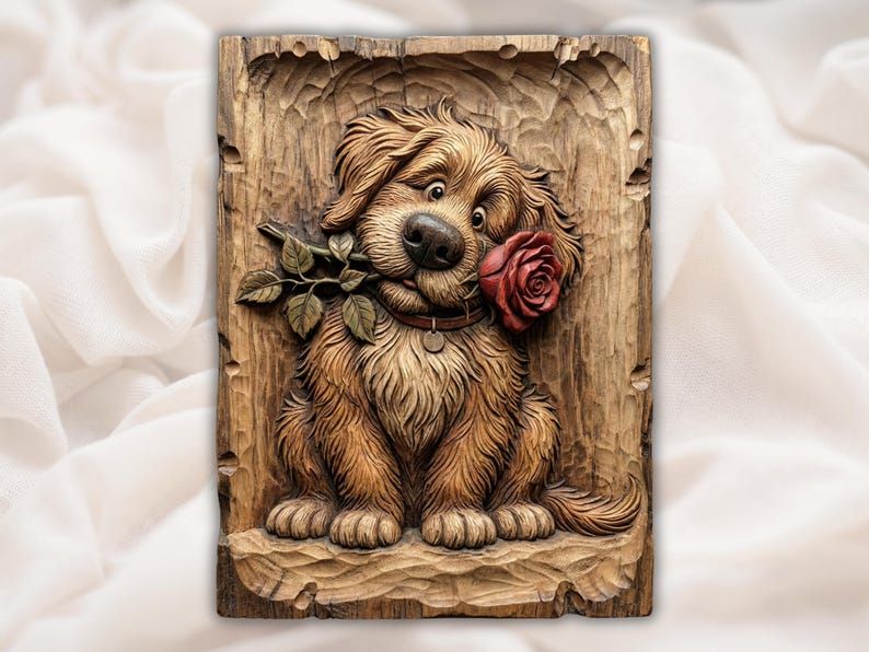 Bas-relief carving of a shaggy puppy holding a red rose in its mouth on a wood plaque