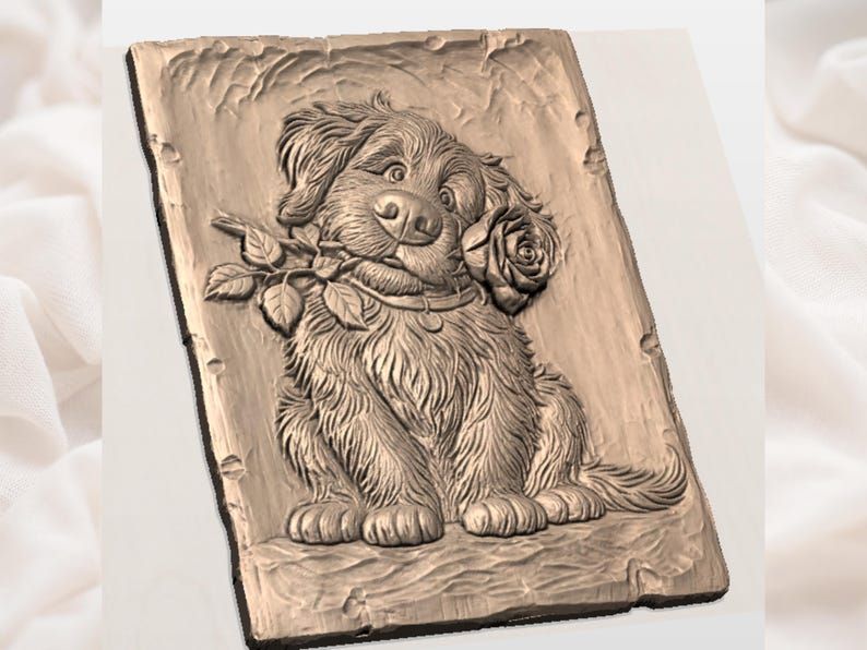 Shaggy Puppy Holding a Red Rose Bas-Relief STL Carving bas-relief STL — view 2