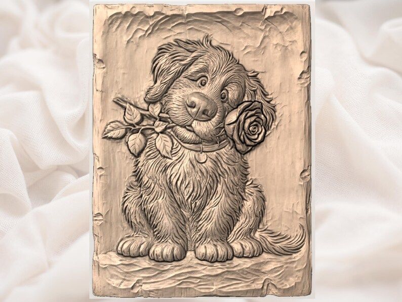 Shaggy Puppy Holding a Red Rose Bas-Relief STL Carving bas-relief STL — view 3