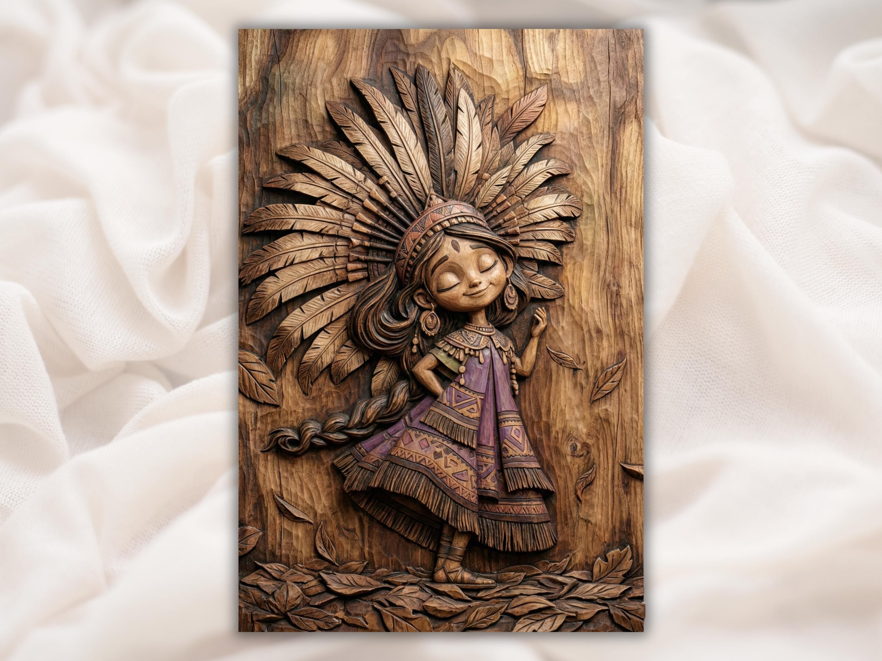 Carved bas-relief of a smiling tribal girl in a tall feather headdress and fringed patterned dress, dancing.