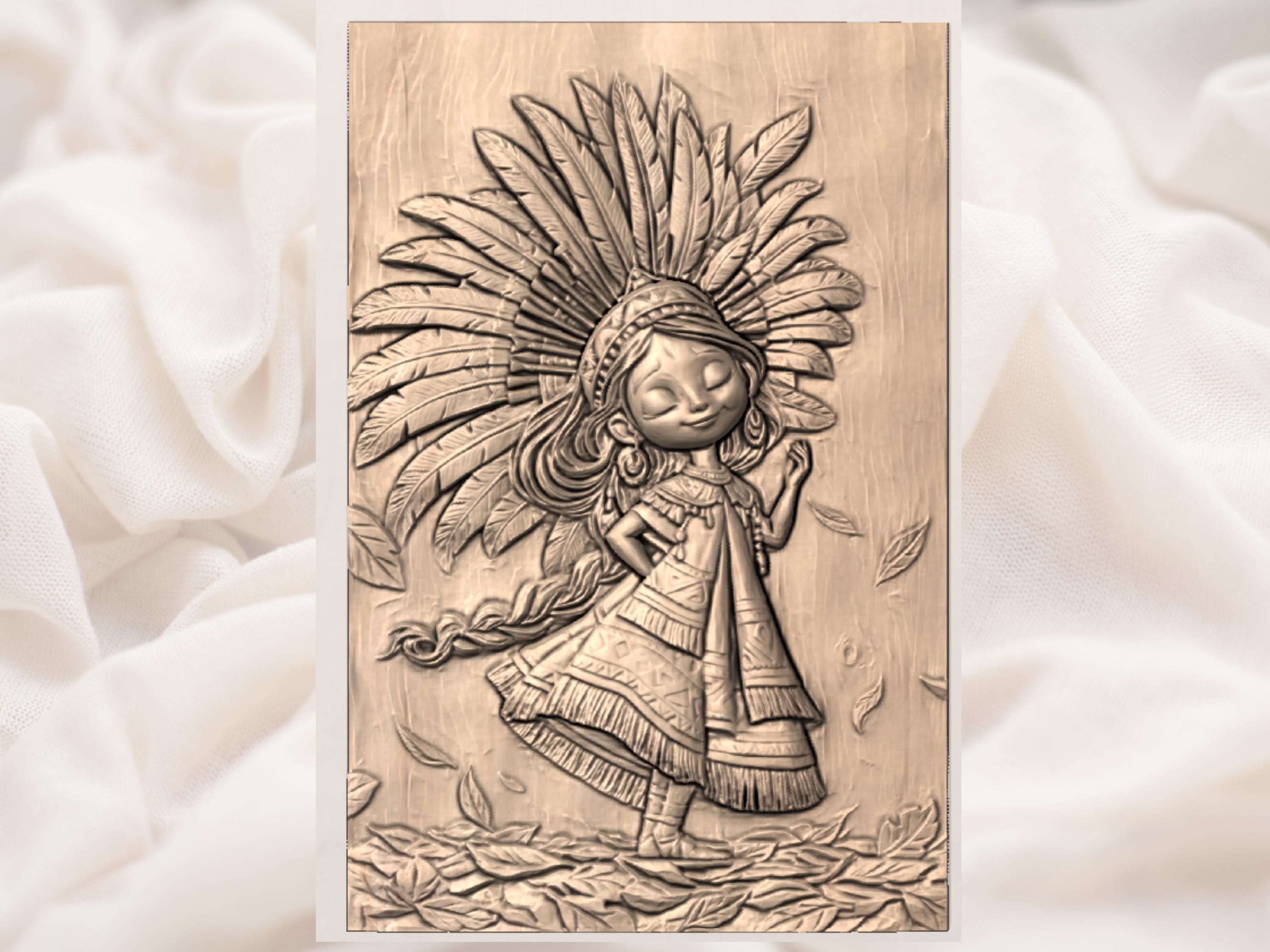 Dancing Tribal Girl with Feather Headdress Bas-Relief STL bas-relief STL — view 2