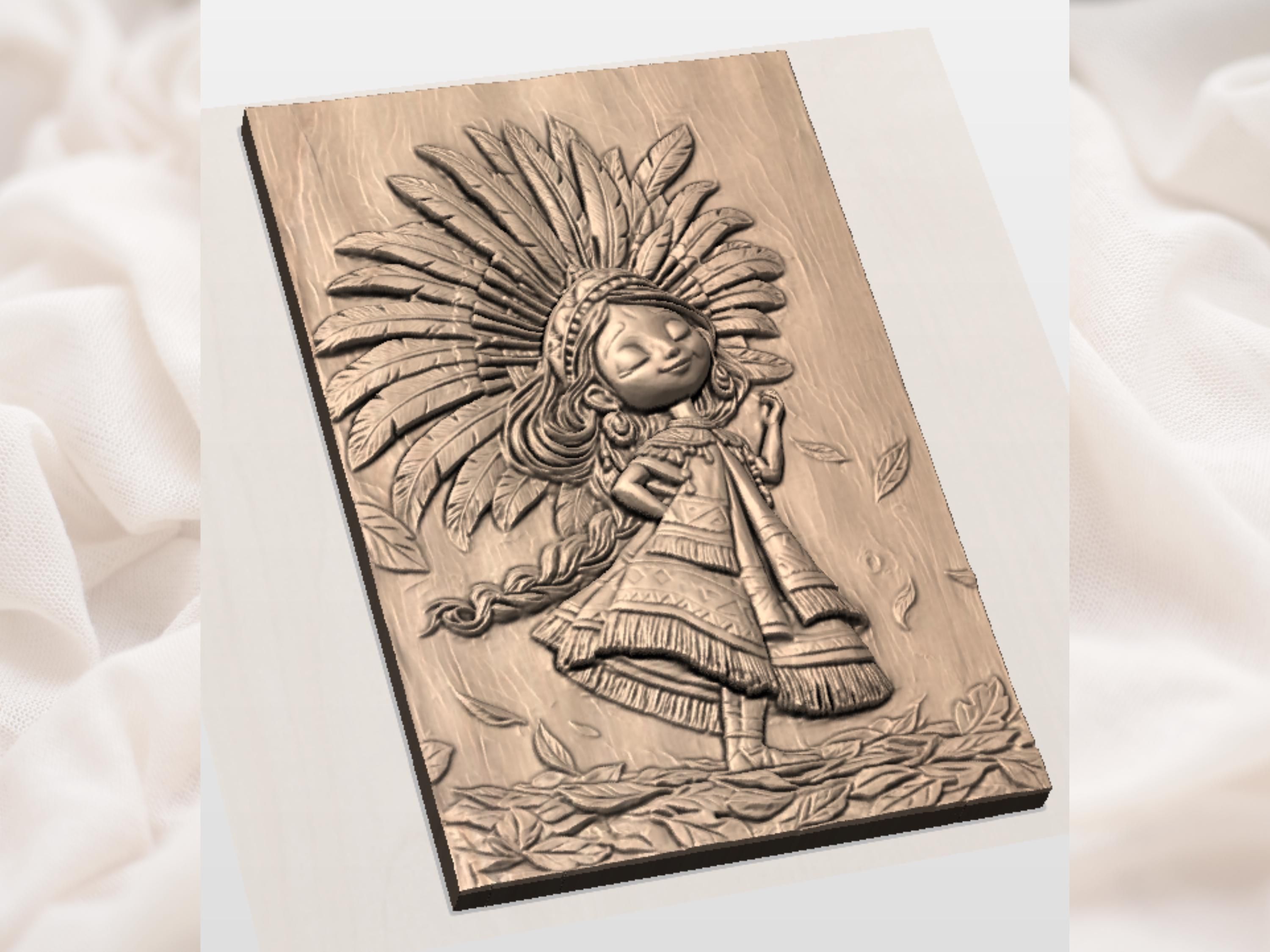 Dancing Tribal Girl with Feather Headdress Bas-Relief STL bas-relief STL — view 3