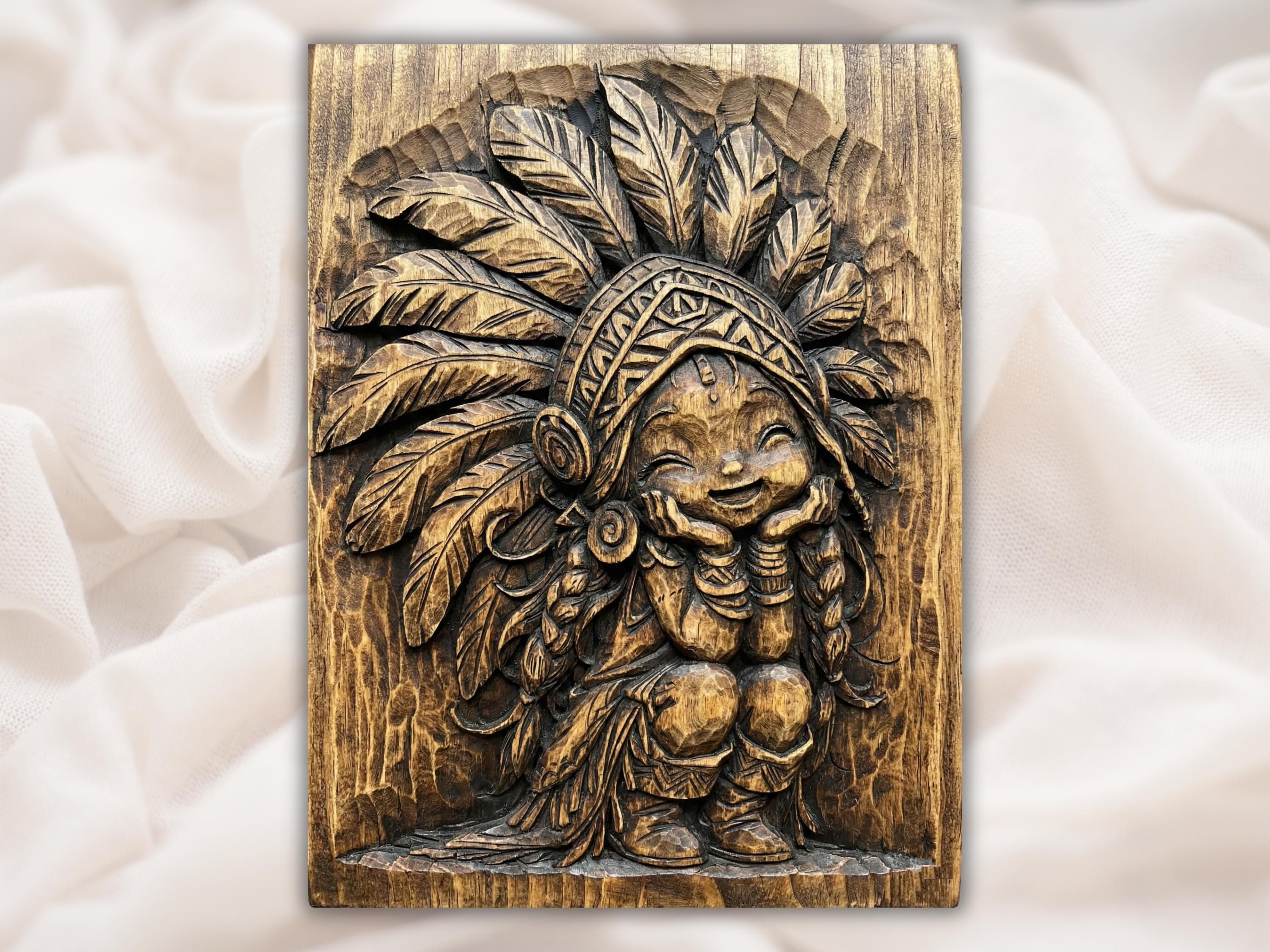 Carved wood bas-relief of a smiling chibi girl resting her chin in her hands wearing a feathered tribal headdress