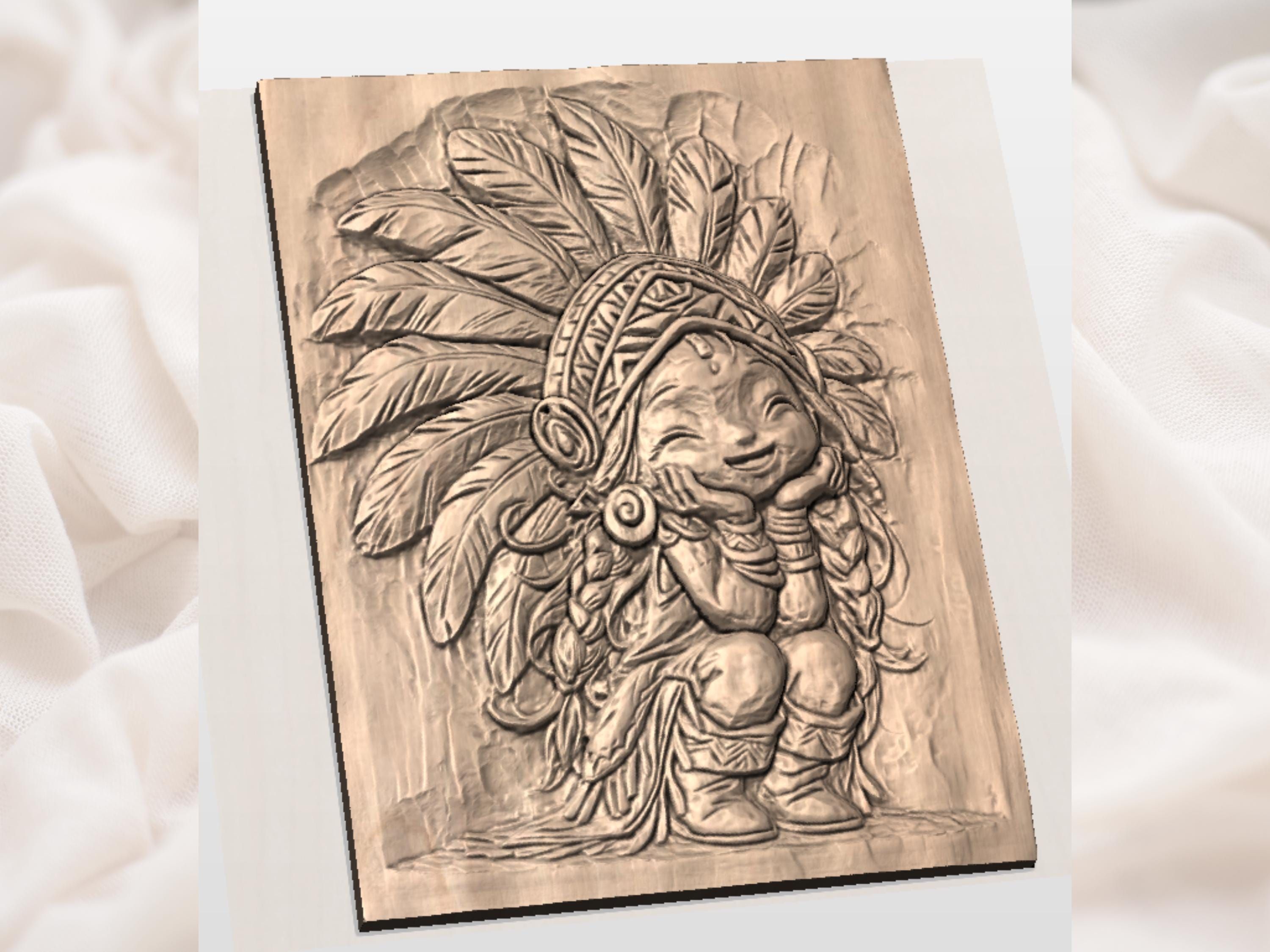 Smiling Chibi Girl in Feather Headdress Bas-Relief STL bas-relief STL — view 2