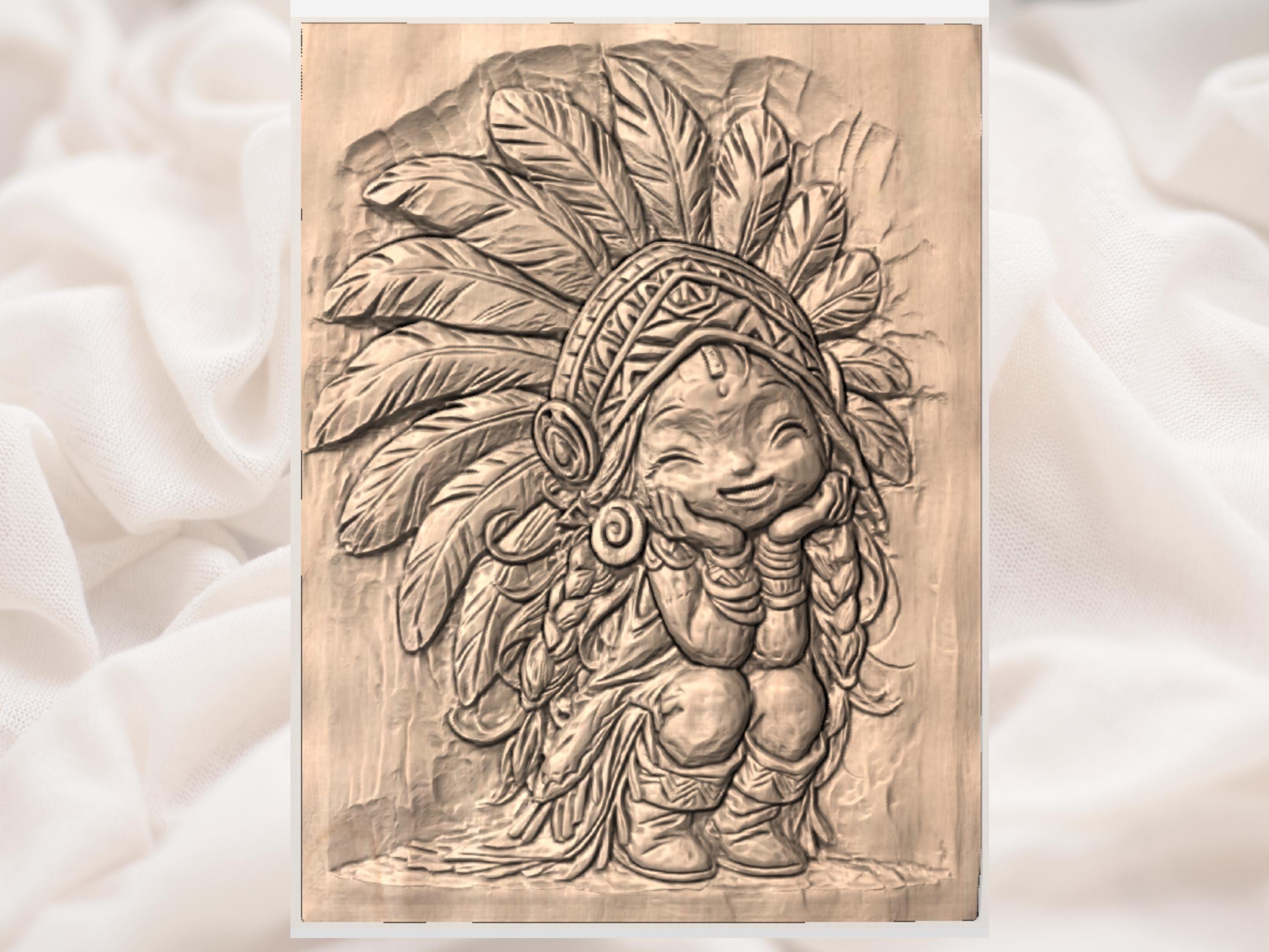 Smiling Chibi Girl in Feather Headdress Bas-Relief STL bas-relief STL — view 3