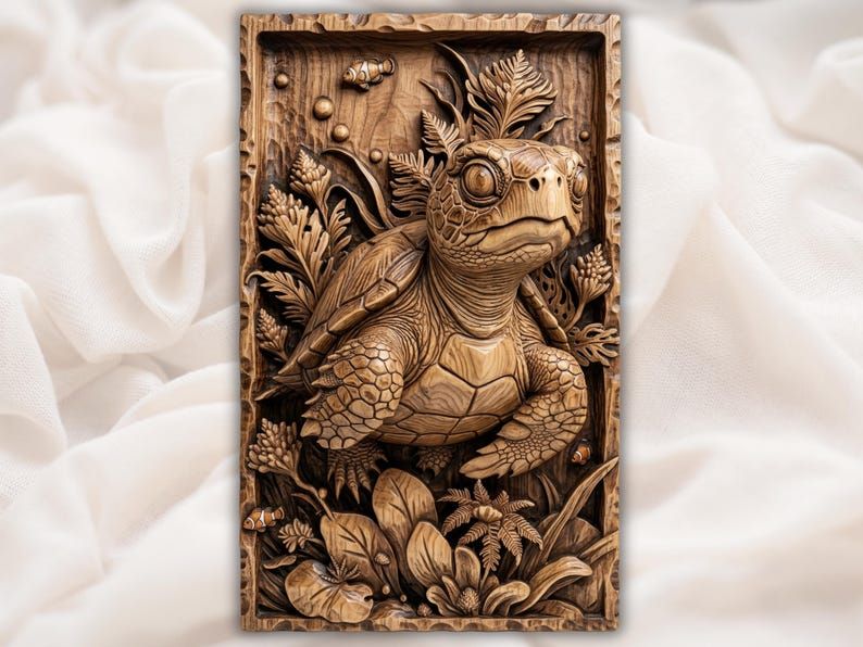 Carved wood bas-relief of a sea turtle swimming through coral, leaves, and clownfish in a framed panel