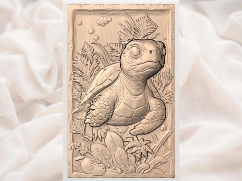 Sea Turtle in Coral Reef Bas-Relief STL for CNC Carving bas-relief STL — view 2