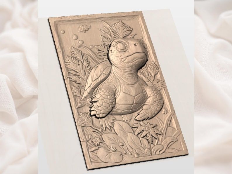 Sea Turtle in Coral Reef Bas-Relief STL for CNC Carving bas-relief STL — view 3