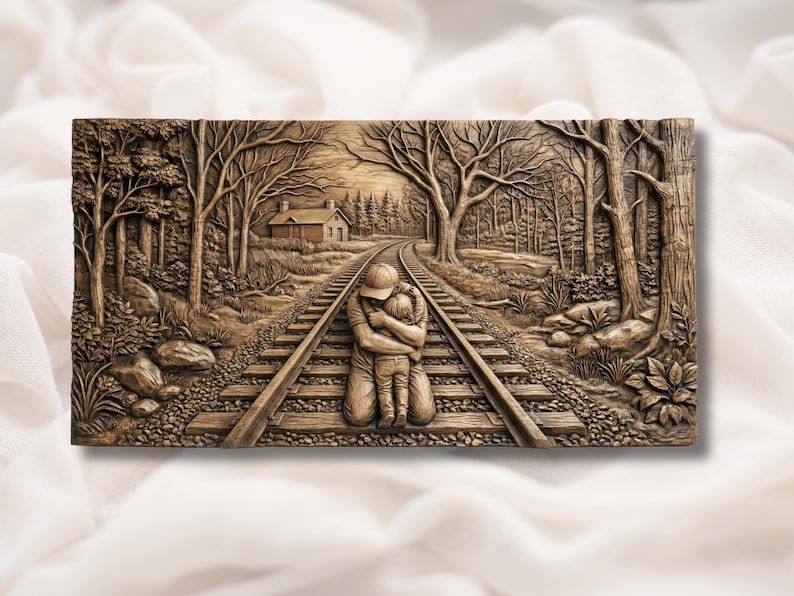 Bas-relief carving of a soldier kneeling to hug a child on railroad tracks with trees and a farmhouse behind